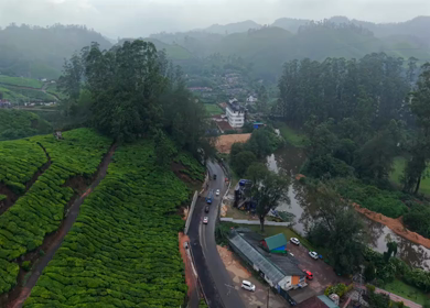 Aerial View of Scenic Mountain Roads and Tea Plantations in Munnar, Kerala, India