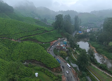 Aerial View of Scenic Mountain Roads and Tea Plantations in Munnar, Kerala, India