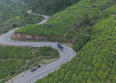 Aerial View of Scenic Mountain Roads and Tea Plantations in Munnar, Kerala, India
