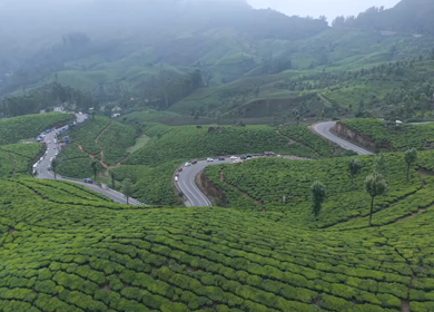 Aerial View of Scenic Mountain Roads and Tea Plantations in Munnar, Kerala, India