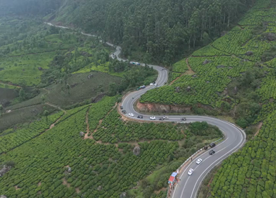Aerial View of Scenic Mountain Roads and Tea Plantations in Munnar, Kerala, India