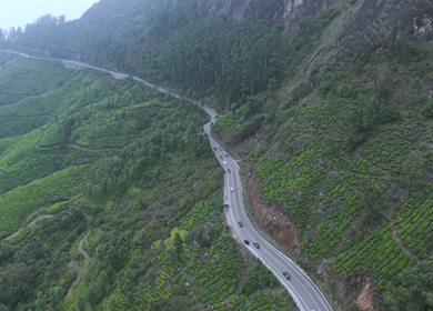 Aerial View of Scenic Mountain Roads and Tea Plantations in Munnar, Kerala, India