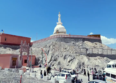 Aerial View of Shanti Stupa and Himalayas in Ladakh India
