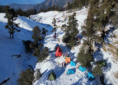 Aerial View of Snow Covered Brahmatal and Himalayan Mountain Range Uttarakhand India