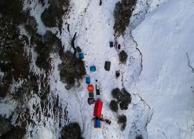 Aerial View of Snow Covered Brahmatal and Himalayan Mountain Range Uttarakhand India