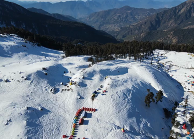 Aerial View of Snow Covered Brahmatal and Himalayan Mountain Range Uttarakhand India