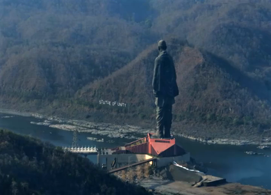 Aerial View of Statue of Unity and Narmada River Gujarat