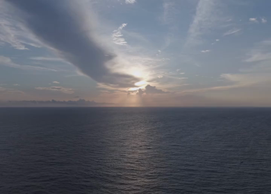 Aerial View of Sunset Over Ocean Horizon with Golden Light and Clouds in Kerala