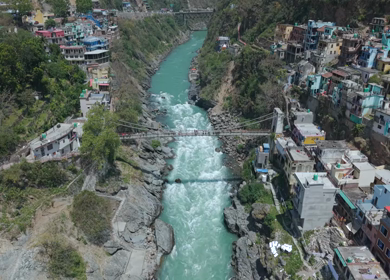 Aerial View of Suspension Bridge Over Bhagirathi River in Devprayag Uttarakhand India