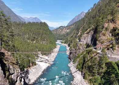 Aerial View of Suspension Bridge over Lohit River in Kaho Village Arunachal Pradesh India