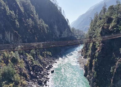 Aerial View of Suspension Bridge over Lohit River in Kaho Village Arunachal Pradesh India