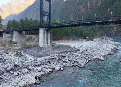 Aerial View of Suspension Bridge over Lohit River in Kaho Village Arunachal Pradesh India