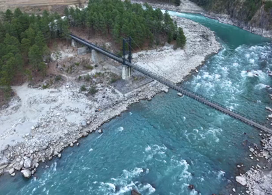 Aerial View of Suspension Bridge over Lohit River in Kaho Village Arunachal Pradesh India