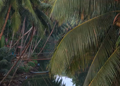 Aerial View of Suspension Footbridge over Honnavar Backwaters Karnataka