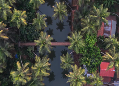 Aerial View of Suspension Footbridge over Honnavar Backwaters Karnataka