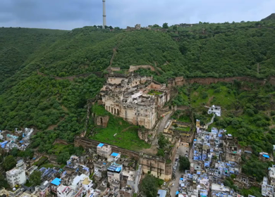 Aerial View of Taragarh Fort and Bundi City in Rajasthan India