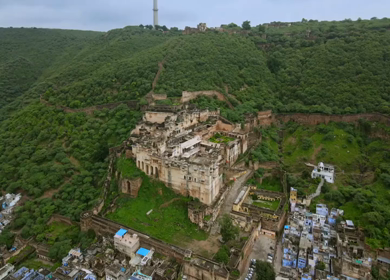 Aerial View of Taragarh Fort and Bundi City in Rajasthan India