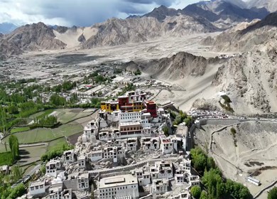 Aerial View of Thiksey Monastery and Indus Valley in Ladakh India