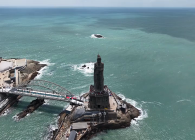 Aerial View of Thiruvalluvar Statue and Vivekananda Rock Memorial Kanyakumari India