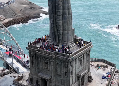 Aerial View of Thiruvalluvar Statue and Vivekananda Rock Memorial Kanyakumari India