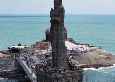 Aerial View of Thiruvalluvar Statue and Vivekananda Rock Memorial Kanyakumari India