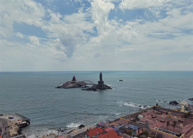 Aerial View of Thiruvalluvar Statue and Vivekananda Rock Memorial Kanyakumari India