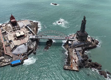 Aerial View of Thiruvalluvar Statue and Vivekananda Rock Memorial Kanyakumari India