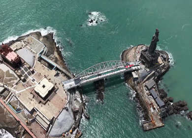 Aerial View of Thiruvalluvar Statue and Vivekananda Rock Memorial Kanyakumari India