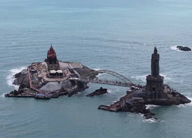 Aerial View of Thiruvalluvar Statue and Vivekananda Rock Memorial Kanyakumari India