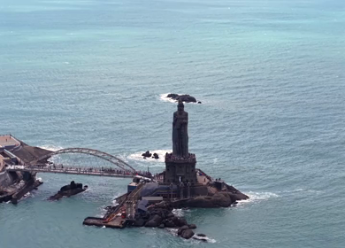 Aerial View of Thiruvalluvar Statue and Vivekananda Rock Memorial Kanyakumari India