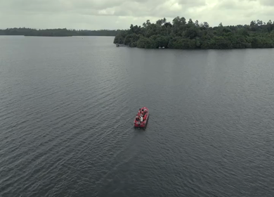 Aerial View of Tourists Boating on Madu Ganga Mangrove Lagoon Sri Lanka