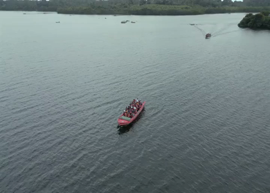 Aerial View of Tourists Boating on Madu Ganga Mangrove Lagoon Sri Lanka