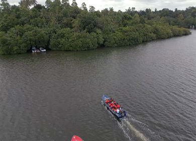 Aerial View of Tourists Boating on Madu Ganga Mangrove Lagoon Sri Lanka