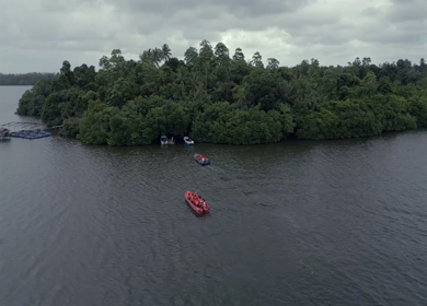 Aerial View of Tourists Boating on Madu Ganga Mangrove Lagoon Sri Lanka