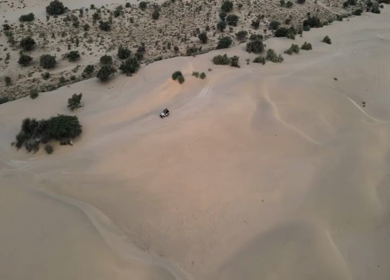 Aerial View of Tourists Enjoying Jeep Safari in Sand Dunes Jaisalmer Thar Desert India
