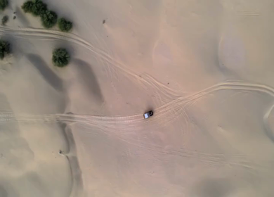 Aerial View of Tourists Enjoying Jeep Safari in Sand Dunes Jaisalmer Thar Desert India