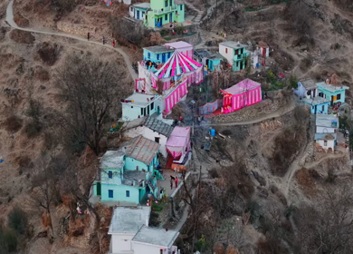 Aerial View of Traditional Wedding Celebration in Mountain Village India