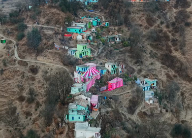 Aerial View of Traditional Wedding Celebration in Mountain Village India