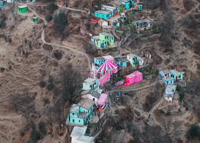 Aerial View of Traditional Wedding Celebration in Mountain Village India