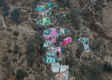 Aerial View of Traditional Wedding Celebration in Mountain Village India