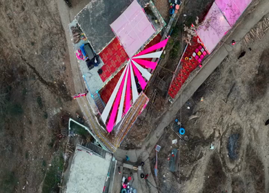 Aerial View of Traditional Wedding Celebration in Mountain Village India