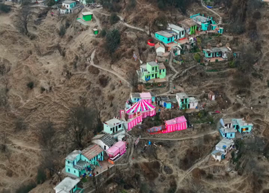 Aerial View of Traditional Wedding Celebration in Mountain Village India