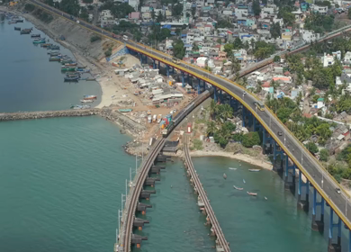 Aerial View of Train Crossing Pamban Railway Bridge in Rameswaram Tamil Nadu India