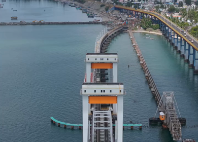 Aerial View of Train Crossing Pamban Railway Bridge in Rameswaram Tamil Nadu India