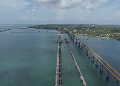 Aerial View of Train Crossing Pamban Railway Bridge in Rameswaram Tamil Nadu India