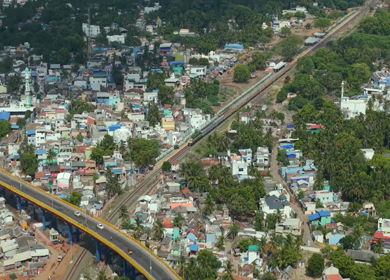 Aerial View of Train Crossing Pamban Railway Bridge in Rameswaram Tamil Nadu India