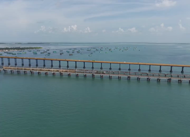 Aerial View of Train Crossing Pamban Railway Bridge in Rameswaram Tamil Nadu India