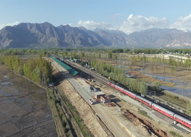 Aerial View of Train Passing Pampore Station in Srinagar Kashmir