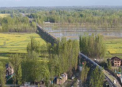 Aerial View of Train Passing Pampore Station in Srinagar Kashmir