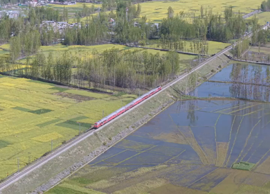 Aerial View of Train Passing Pampore Station in Srinagar Kashmir